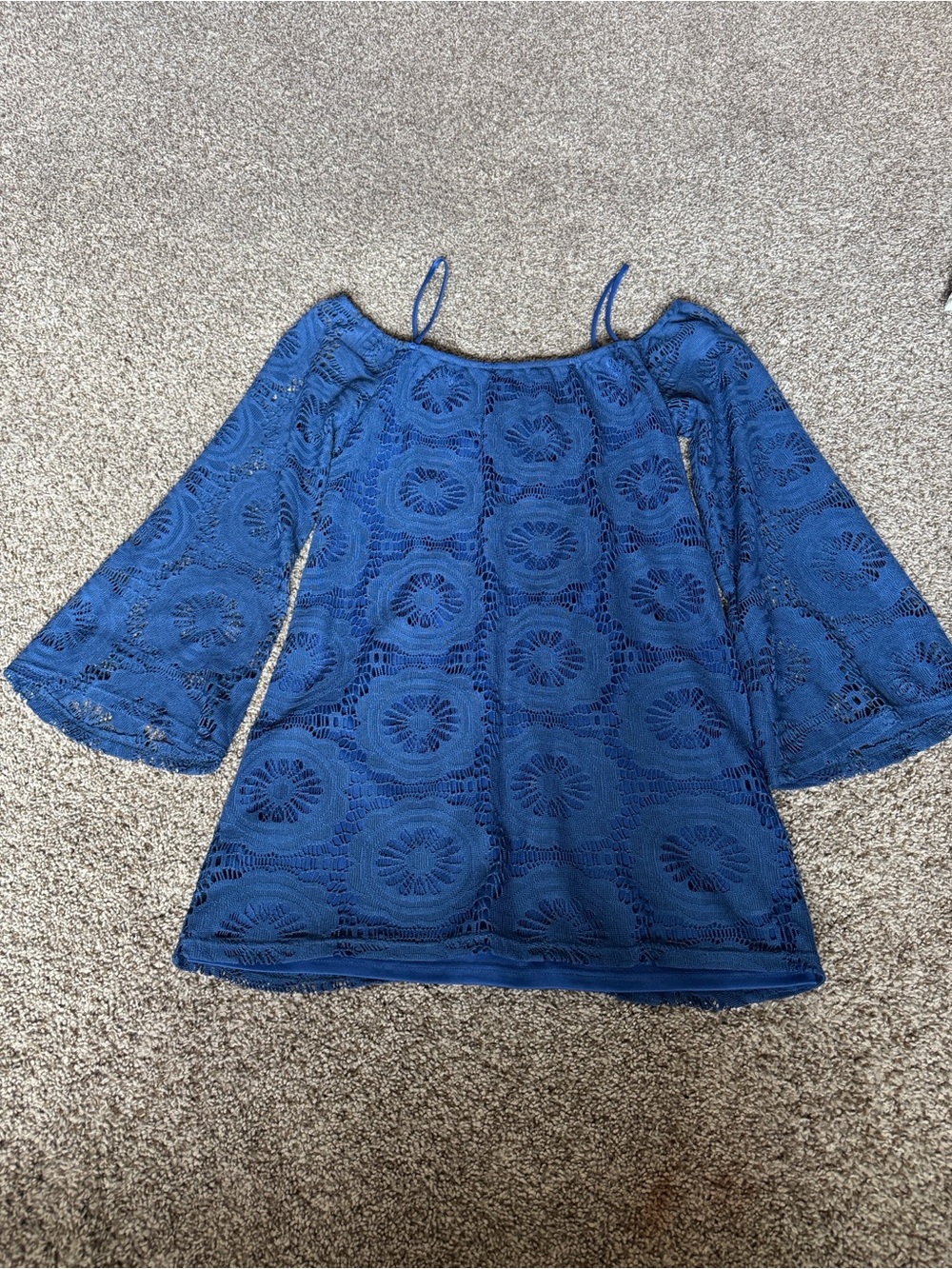 Teeze Me Blue Crochet Cold-Shoulder Tunic with Bell Sleeves